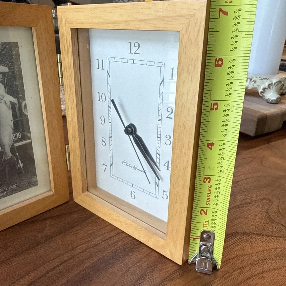 Eddie Bauer Desk Clock Photo Frame Combo Wood Foldable Tabletop Decor Cabin